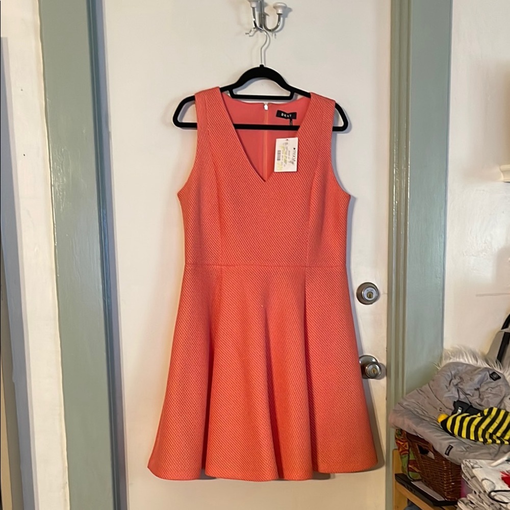 DKNY Coral Pleated A-Line Mini Dress